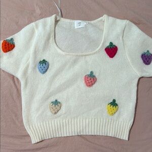 Cream Knit Top with Colorful Fruit Embroidery